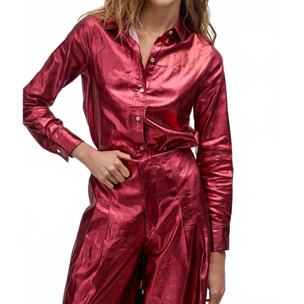 NEW LANHTROPY san marino metallic linen shirt in cherry